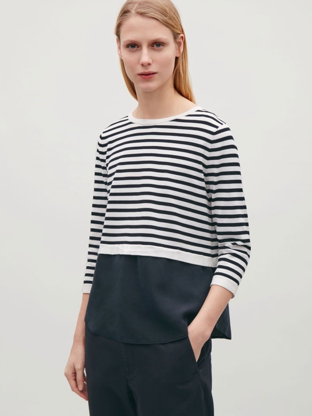 COS new black/white striped cotton/silk top with back buttons sz M